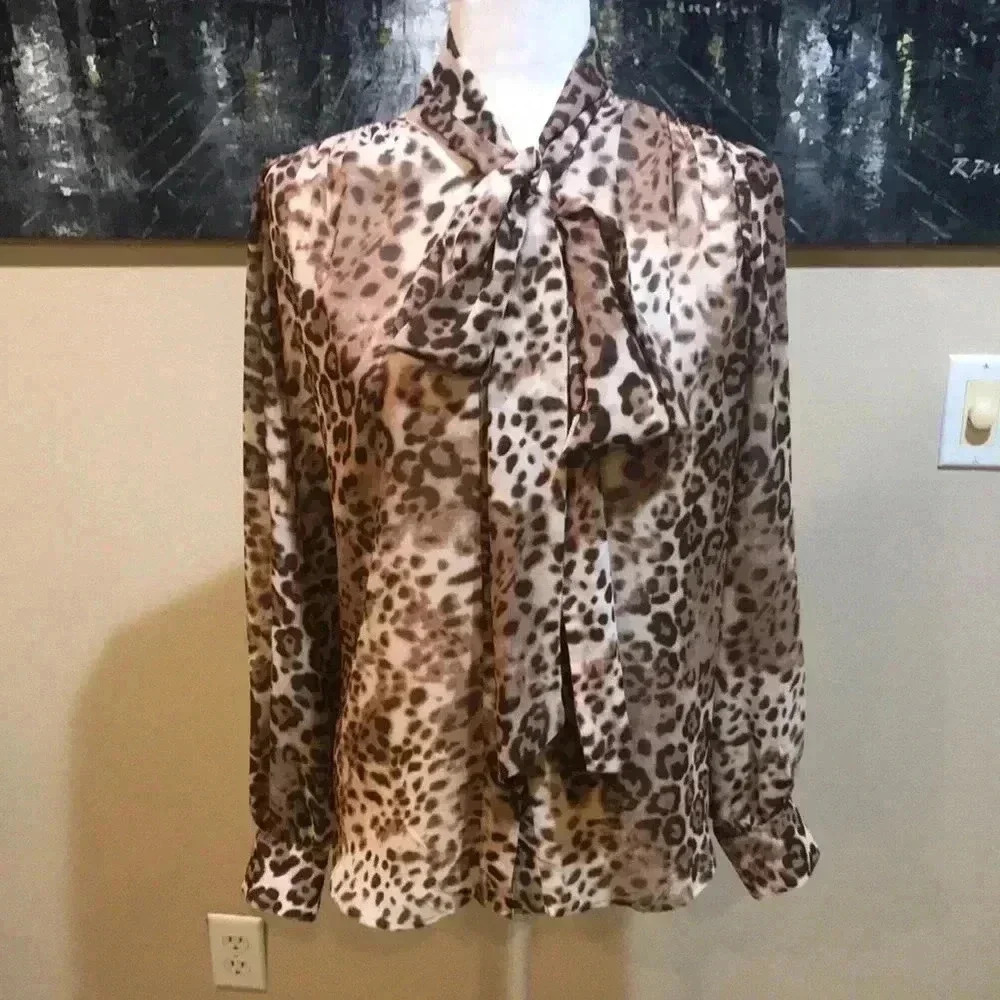 EVA MENDES Sheer Animal Long Sleeved Tie Neck Button Down Blouse-Size M